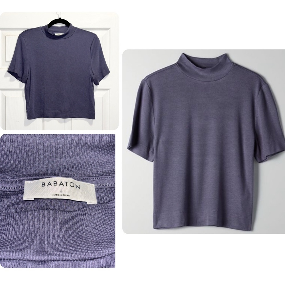 Aritzia Babaton Gonzalo Mockneck Fitted Crop Tee Stretchy Rib Knit Blue Large